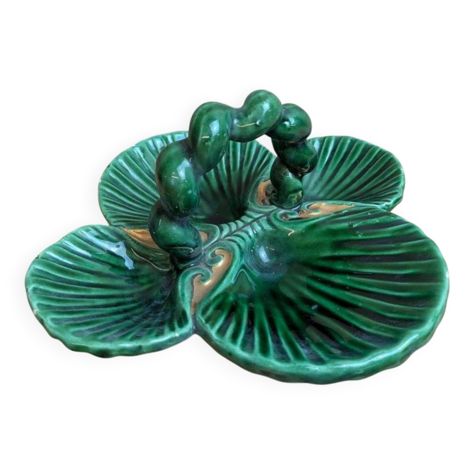 Vintage ceramic server in green with shell design, Vallauris style.