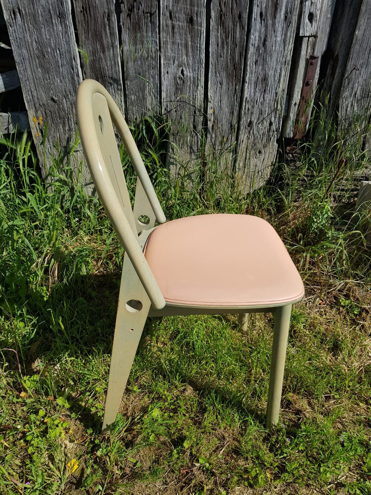 Série de 6 chaises Baumann bois vert avec assise galette clair années 80 vintage