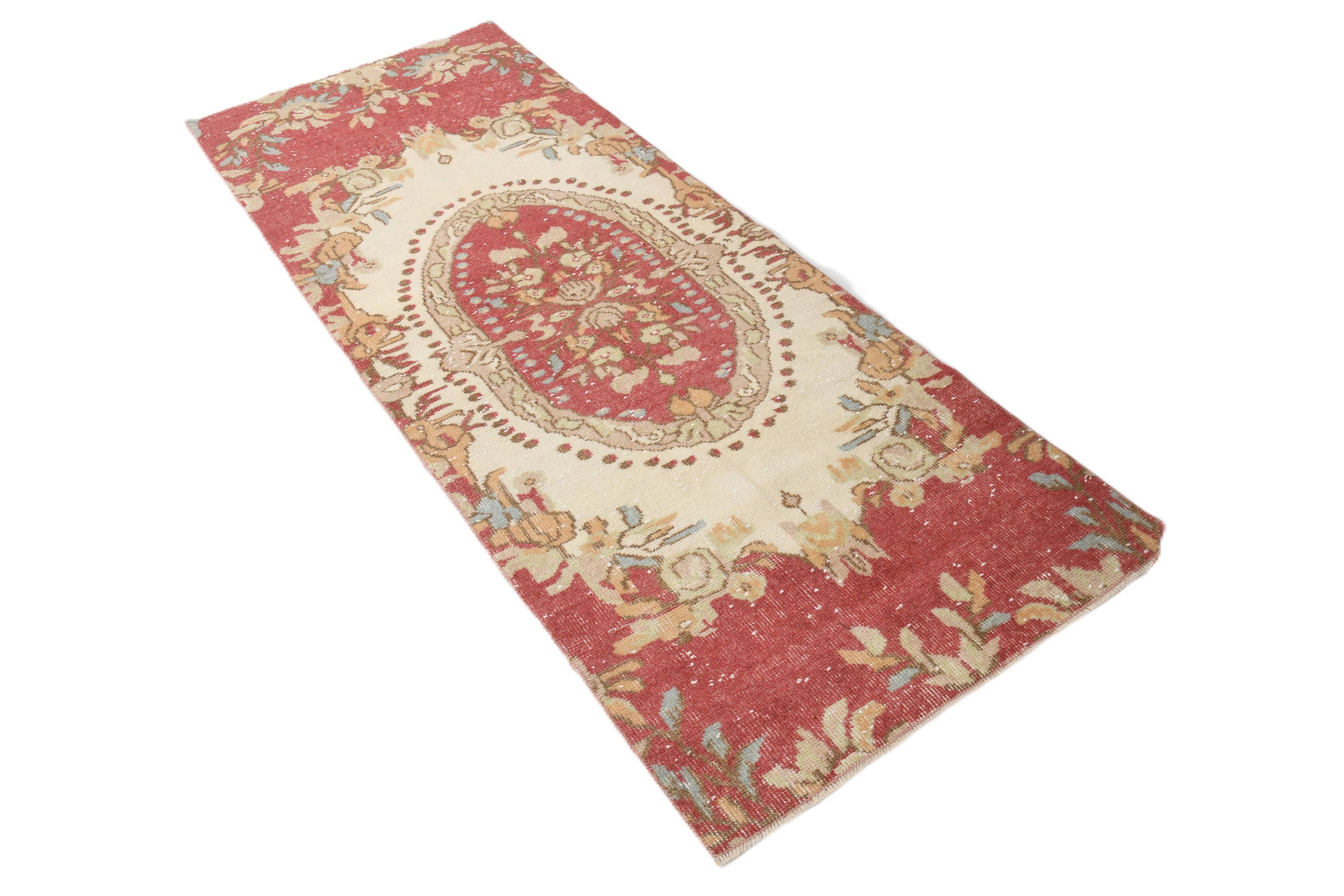 2x7 Vintage Burgundy Cream Turkish Runner Rug, 80x214Cm