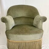 sage green toad armchairs with gold fringe
