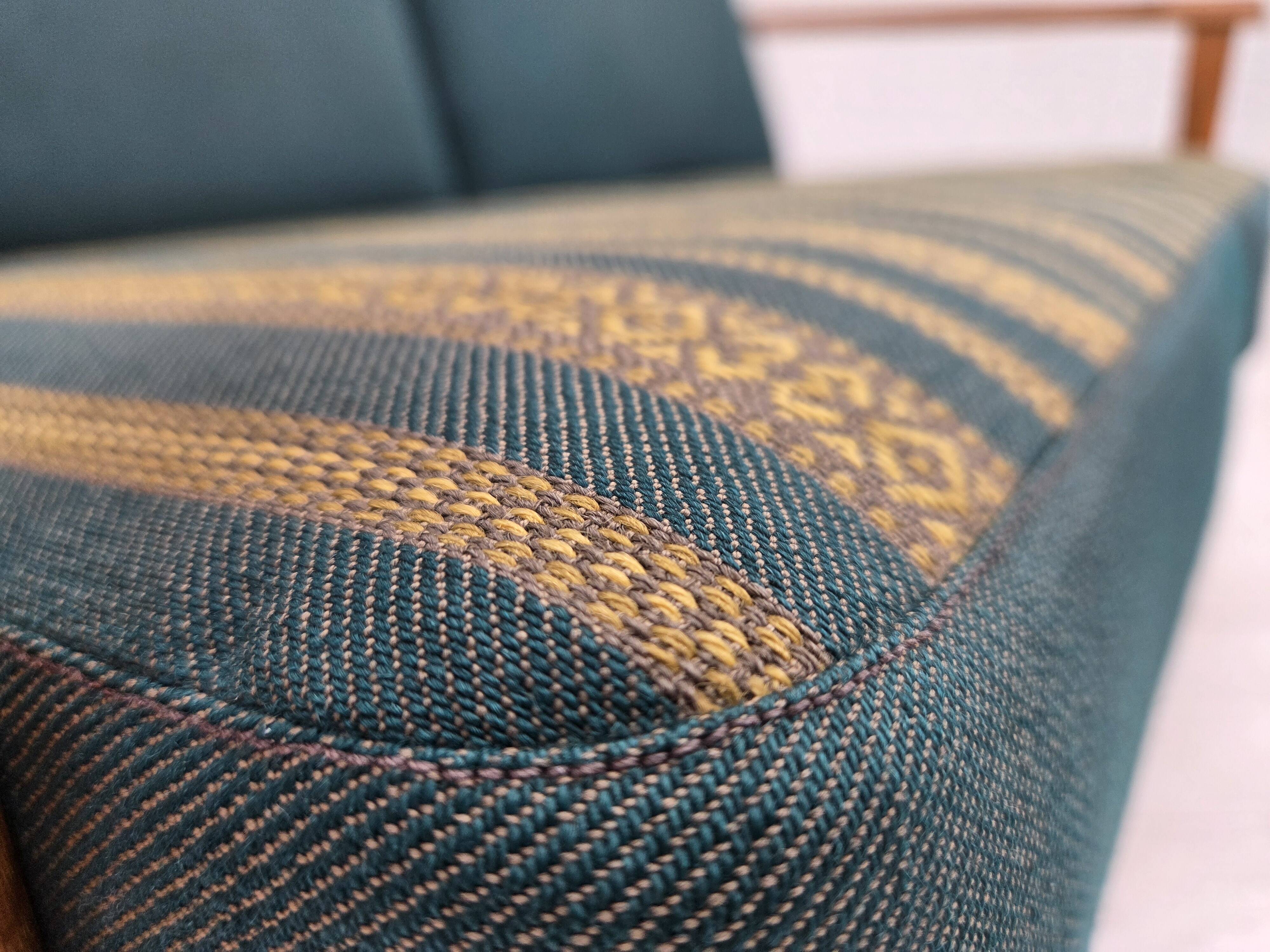 1970s, Scandinavian 2-seater sofa, furniture wool, solid oak wood.