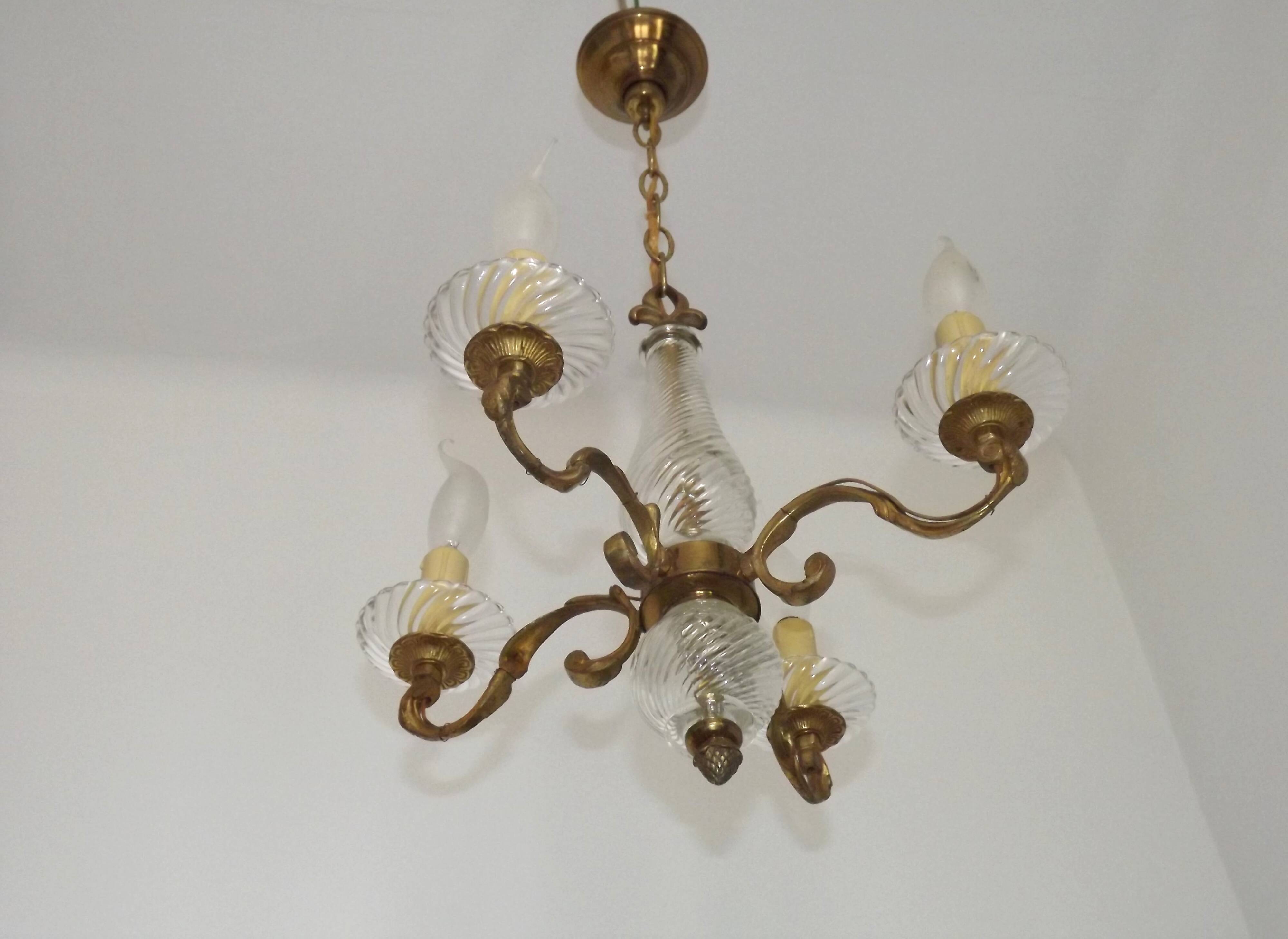 Mid-Century Bronze & Cut Glass 4-Light Chandelier with Fleur-de-Lys Detail