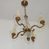 Mid-Century Bronze & Cut Glass 4-Light Chandelier with Fleur-de-Lys Detail
