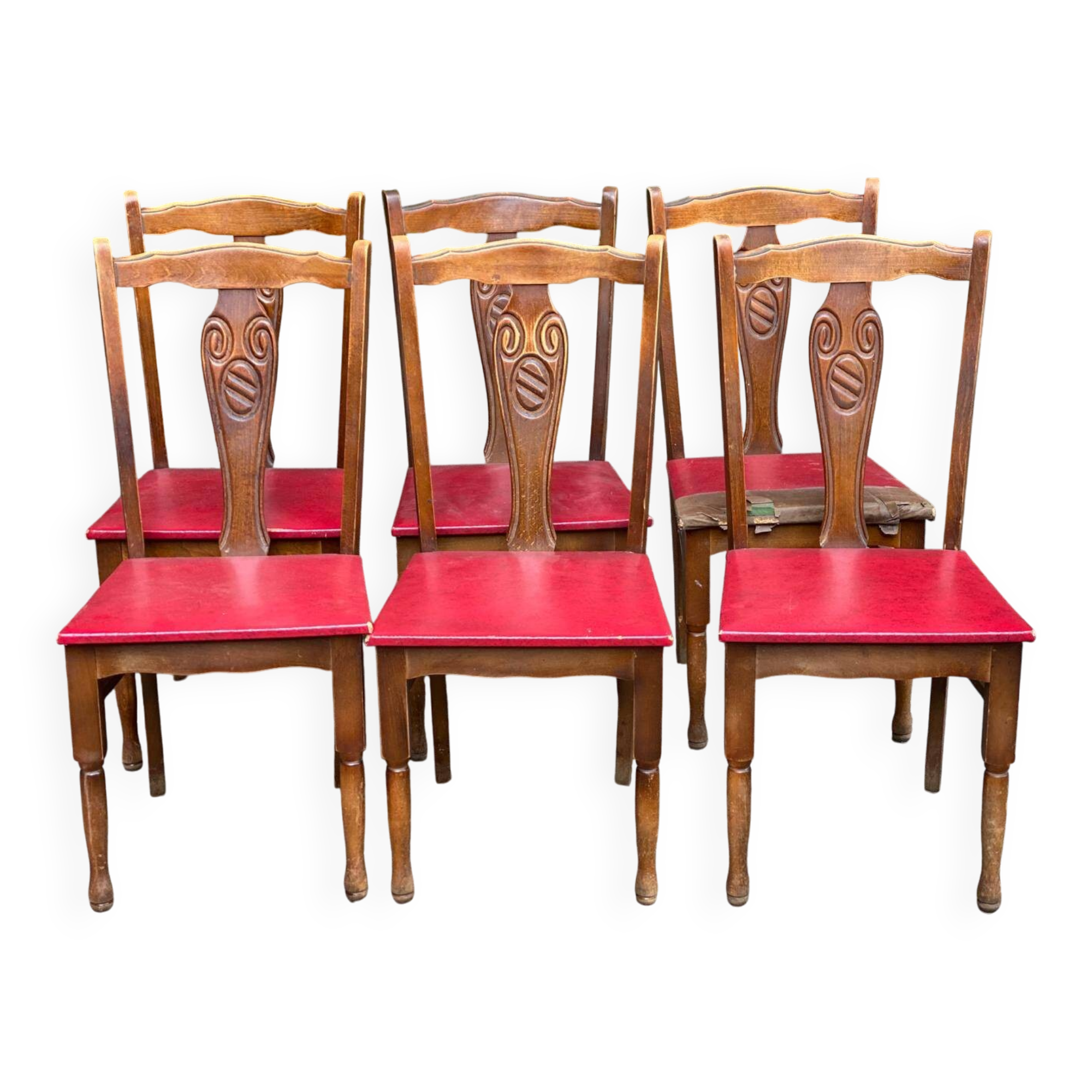 6 Art Deco dining chairs in solid wood and burgundy leather, 1950s