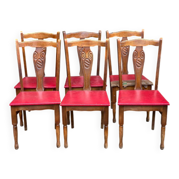 6 Art Deco chairs in solid wood and burgundy faux leather, 1950.