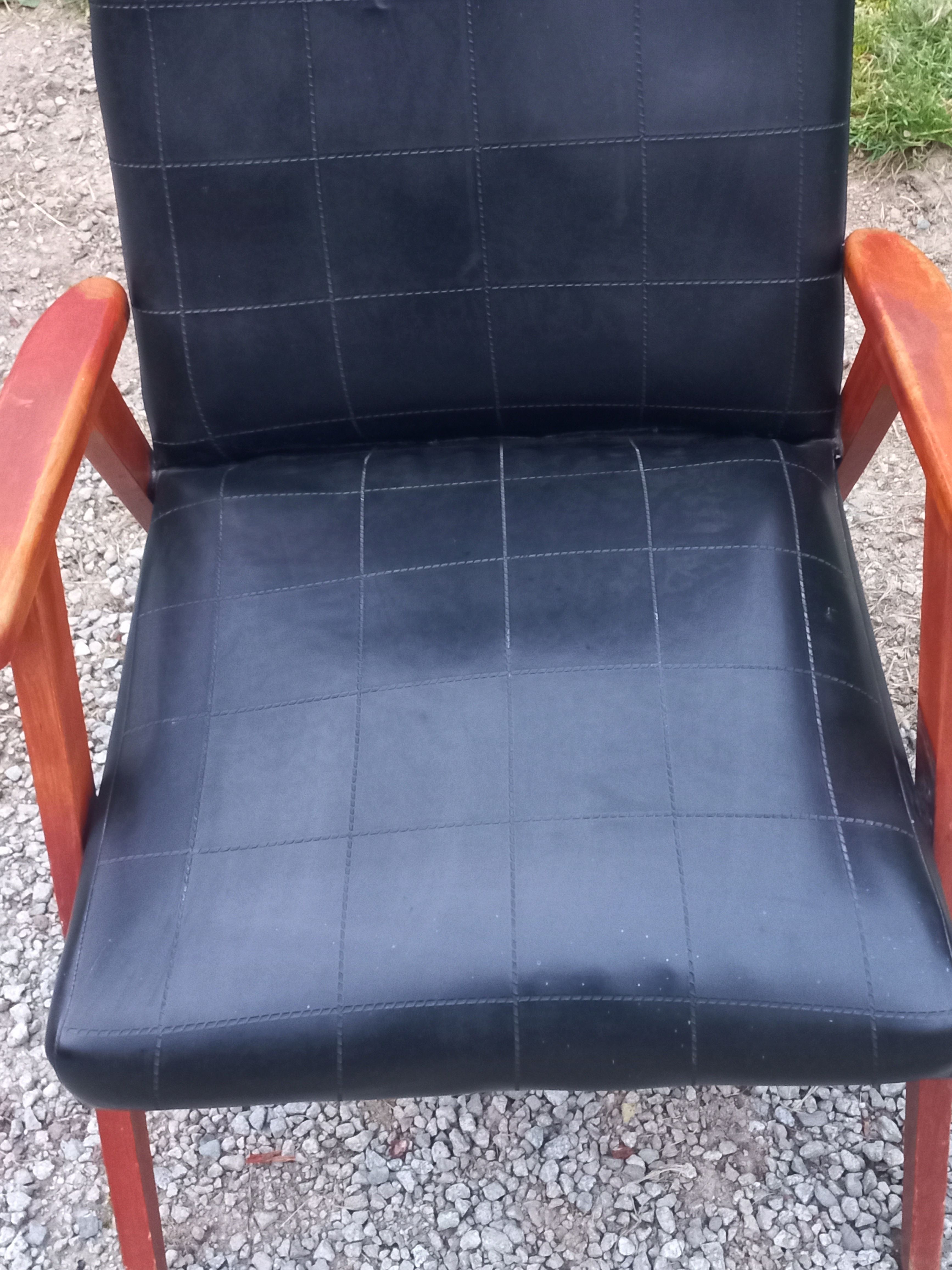 Pair of vintage beech armchairs feet compass covered with black moleskine from the 50s