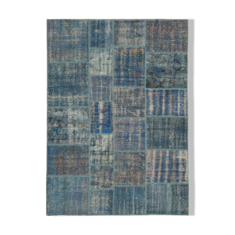 Hand-Knotted Turkish Vintage 176 cm x 244 cm Blue Patchwork Carpet