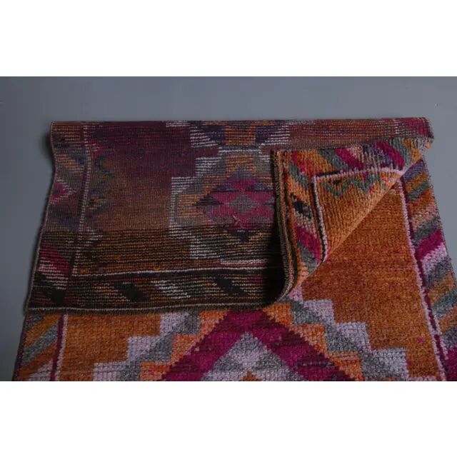1970s Turkish Handmade Orange Diamond Wool Runner Rug 87x325
