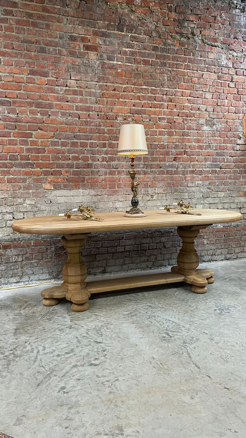 Massive oval monastery table made of bleached oak with turned legs