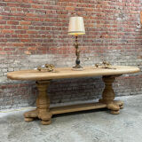 Massive oval monastery table made of bleached oak with turned legs