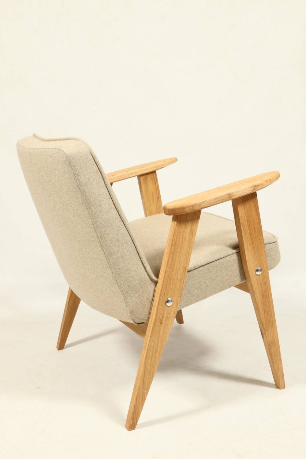 Scandinavian armchair beige wool natural oak wood chair design by Chierovski