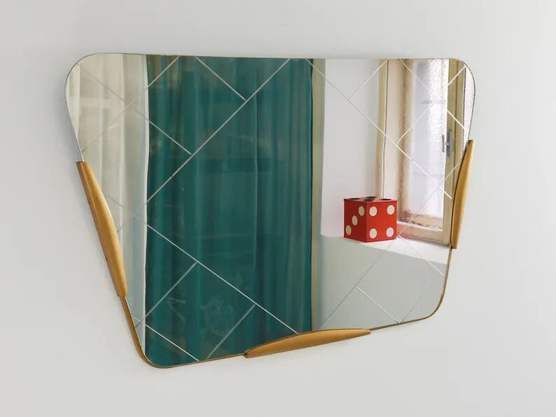 Large Trapezoidal Golden Wall Mirror With Engraved Diamond Pattern, Austria, 1950s