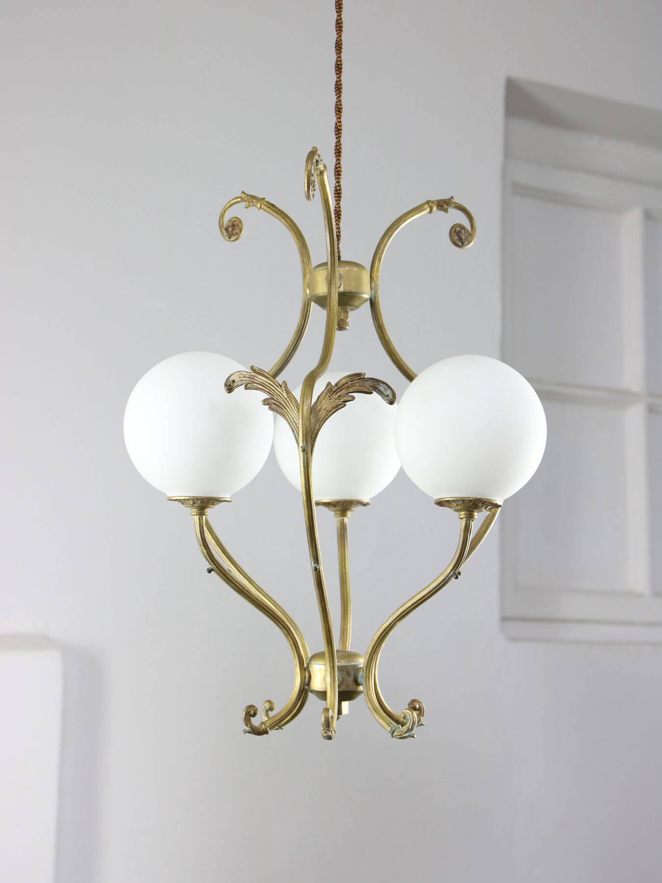 Antique Italian Brass and Opaline Chandelier