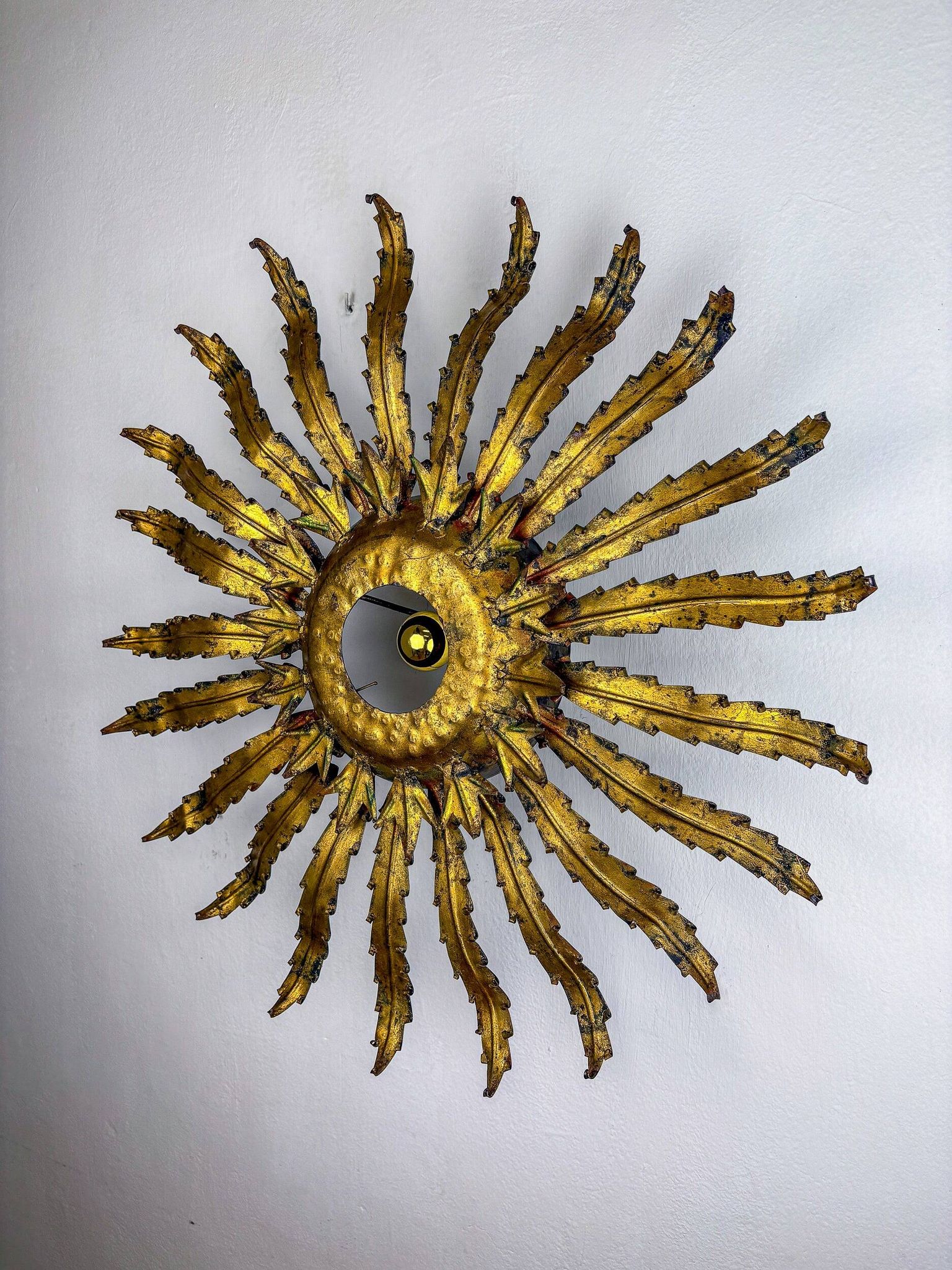 Large French sunburst flower leafed light fixture in gilt metal, 1960s