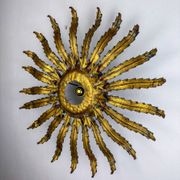 Large French sunburst flower leafed light fixture in gilt metal, 1960s