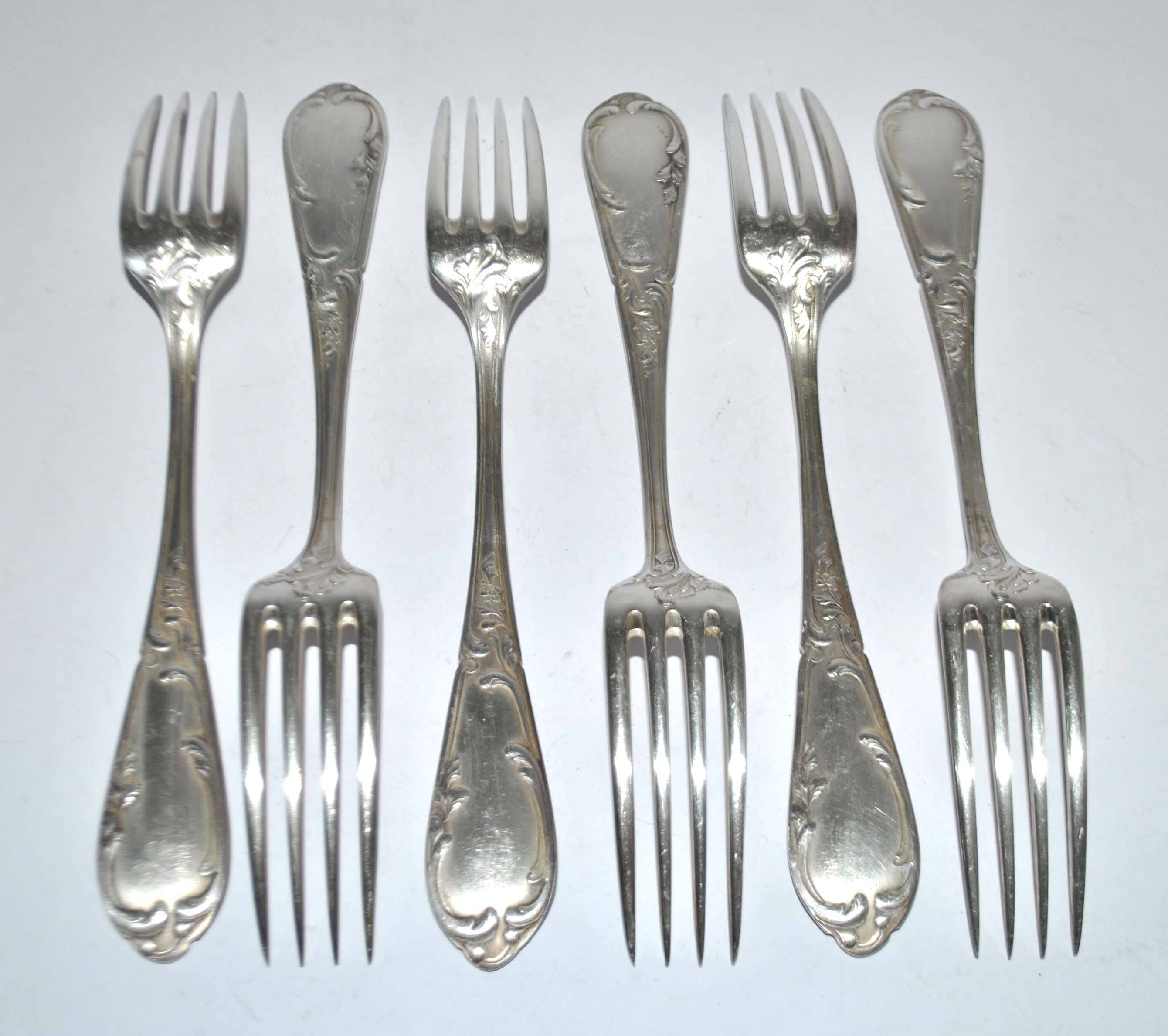 Set of 6 vintage MARLY rocaille table forks in silver metal 21.5cm