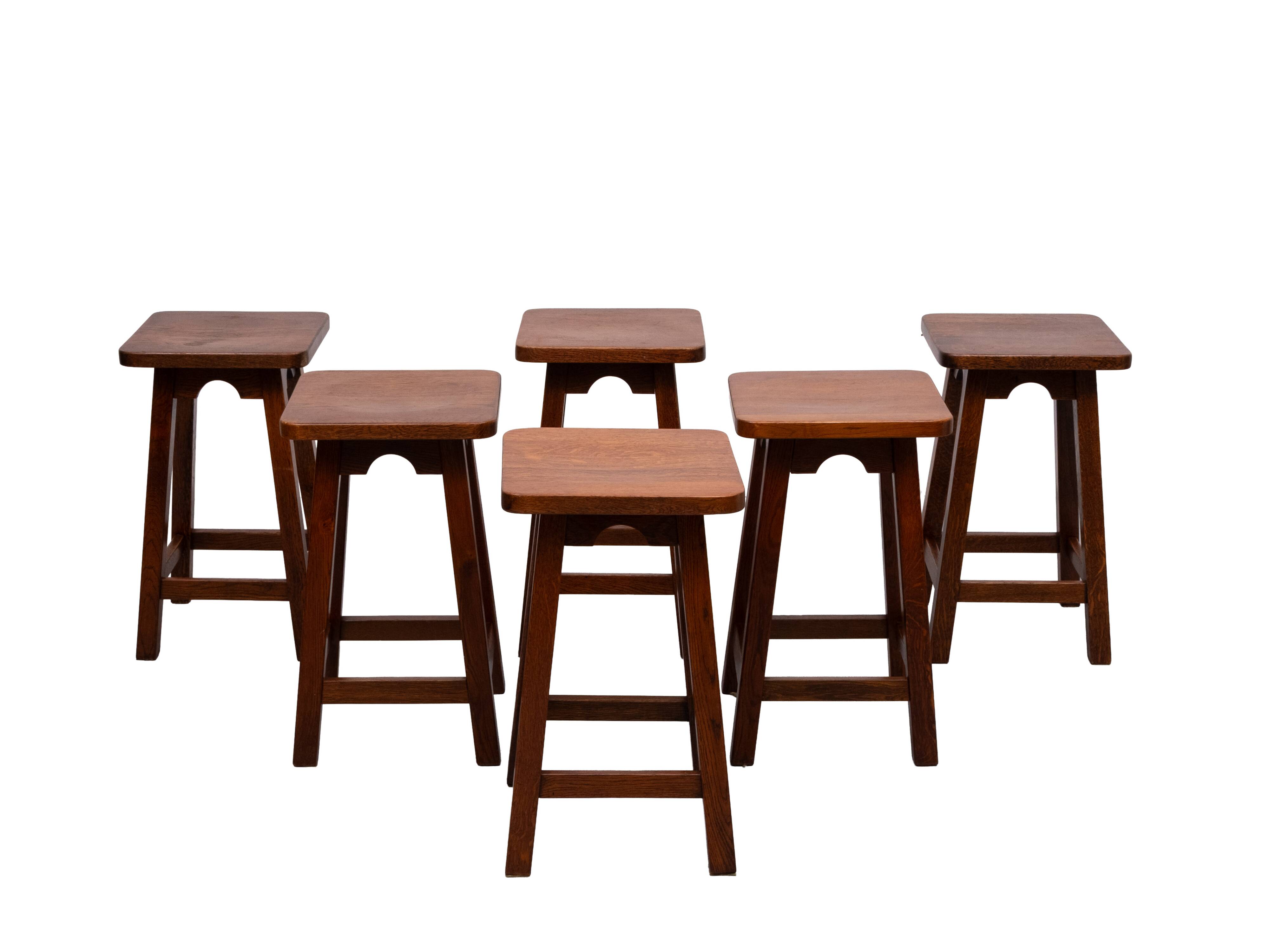 set of 6 Brutalist Solid Oak stools 1970s Holland