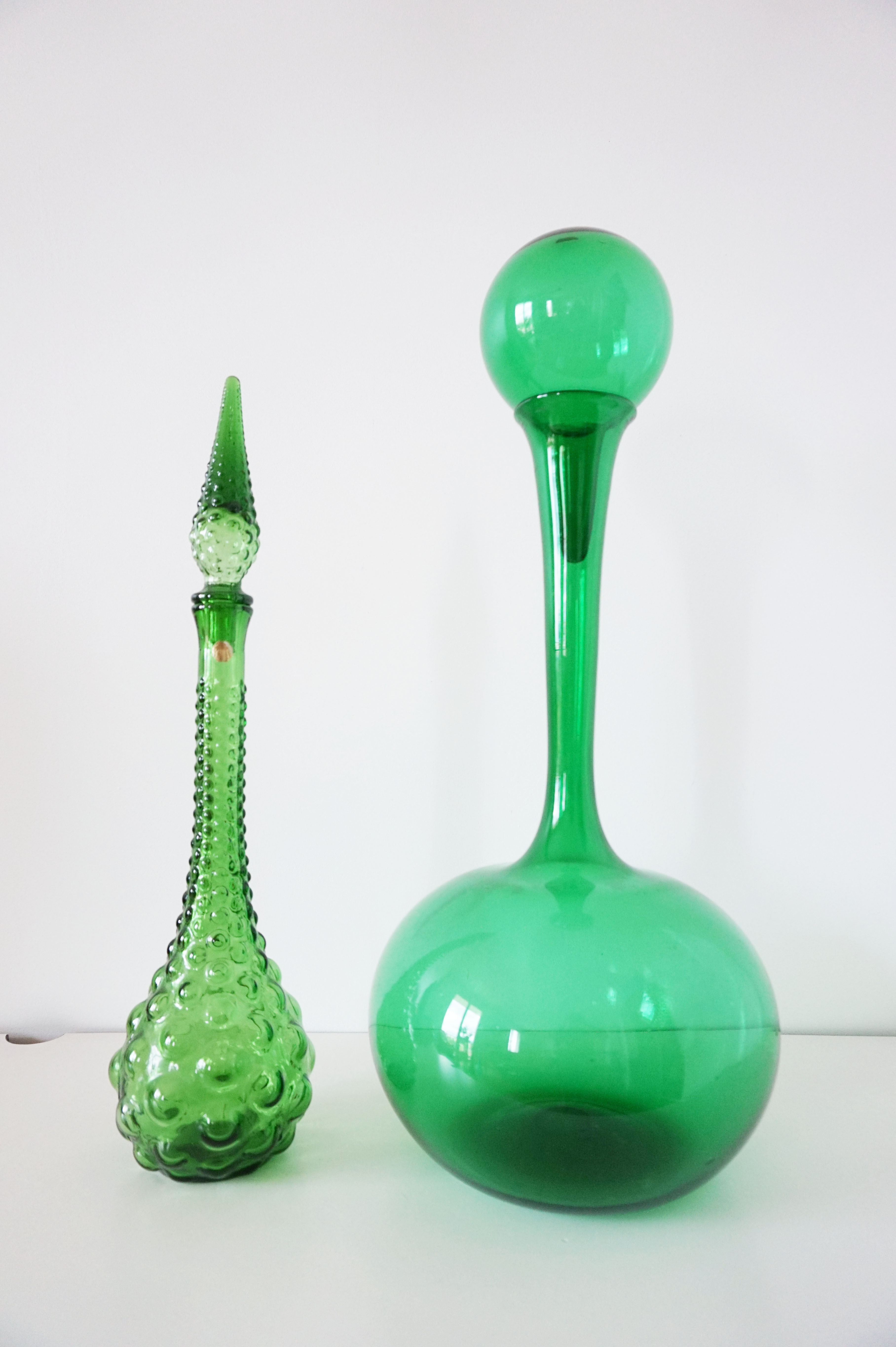 Italian bottle or decanter in green blown glass empoli