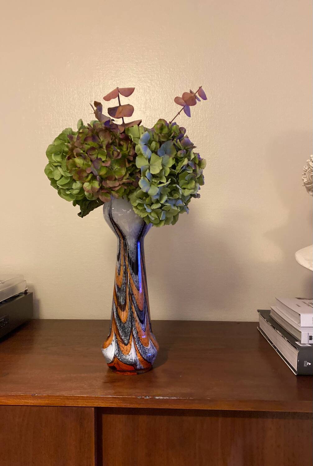 Vintage murano glass vase orange, white brown attributed to carlo moretti