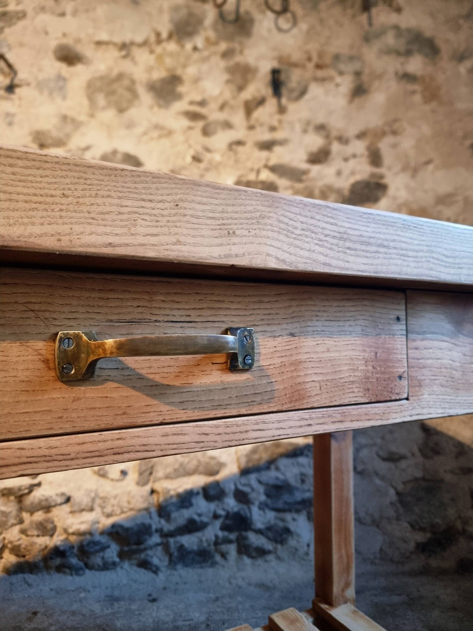 Old French baker's table – kitchen island / work table in solid chestnut with drawers.