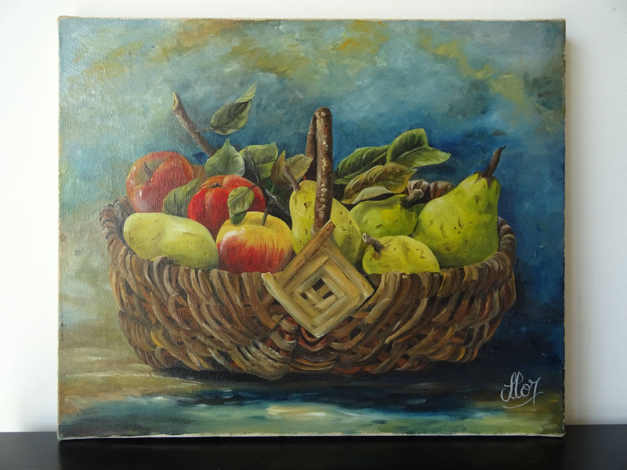 Painting still life basket of fruits oil on canvas signed