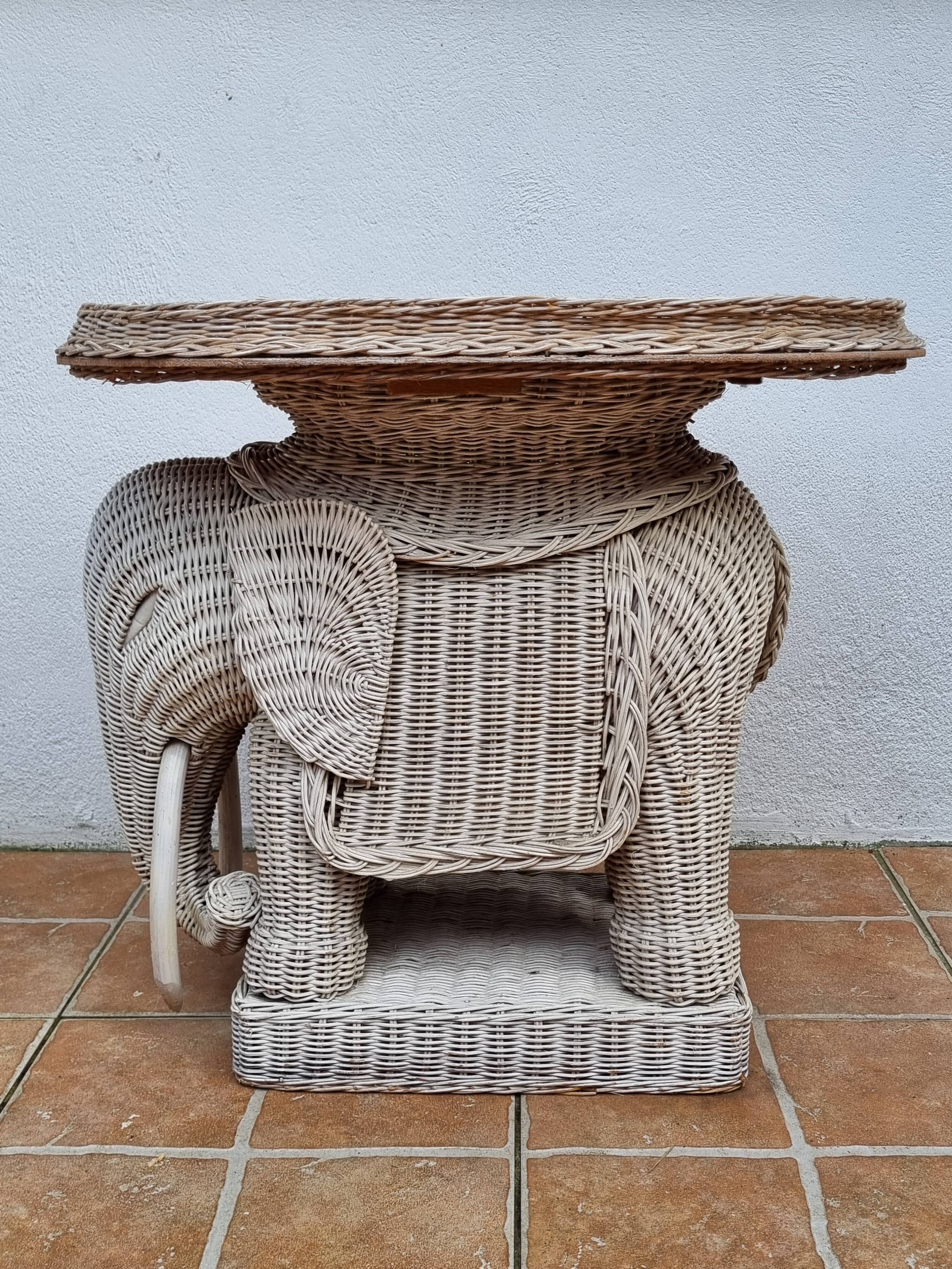 Side table, vintage rattan elephant, 70s