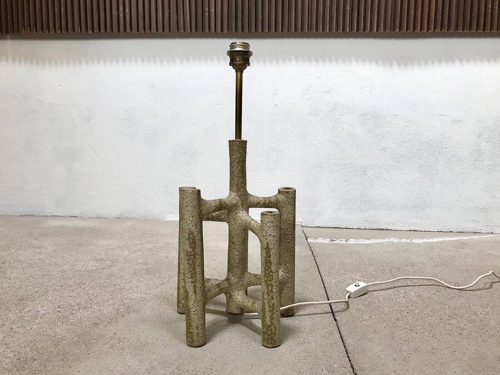 Large sculptural ceramic table lamp with textile batik lampshade, 1960s