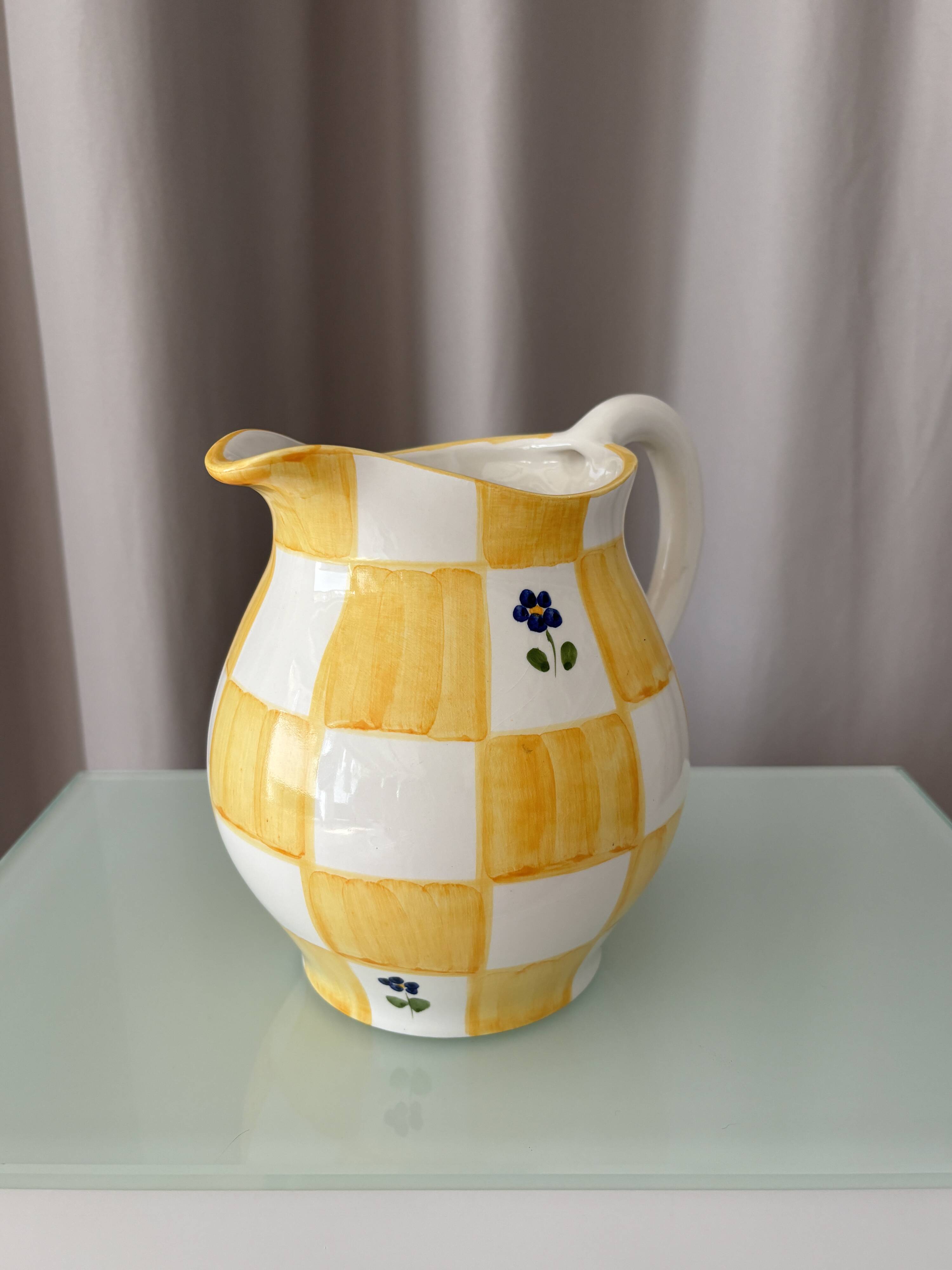Cottagecore hand-painted ceramic jug – yellow check & blue flowers