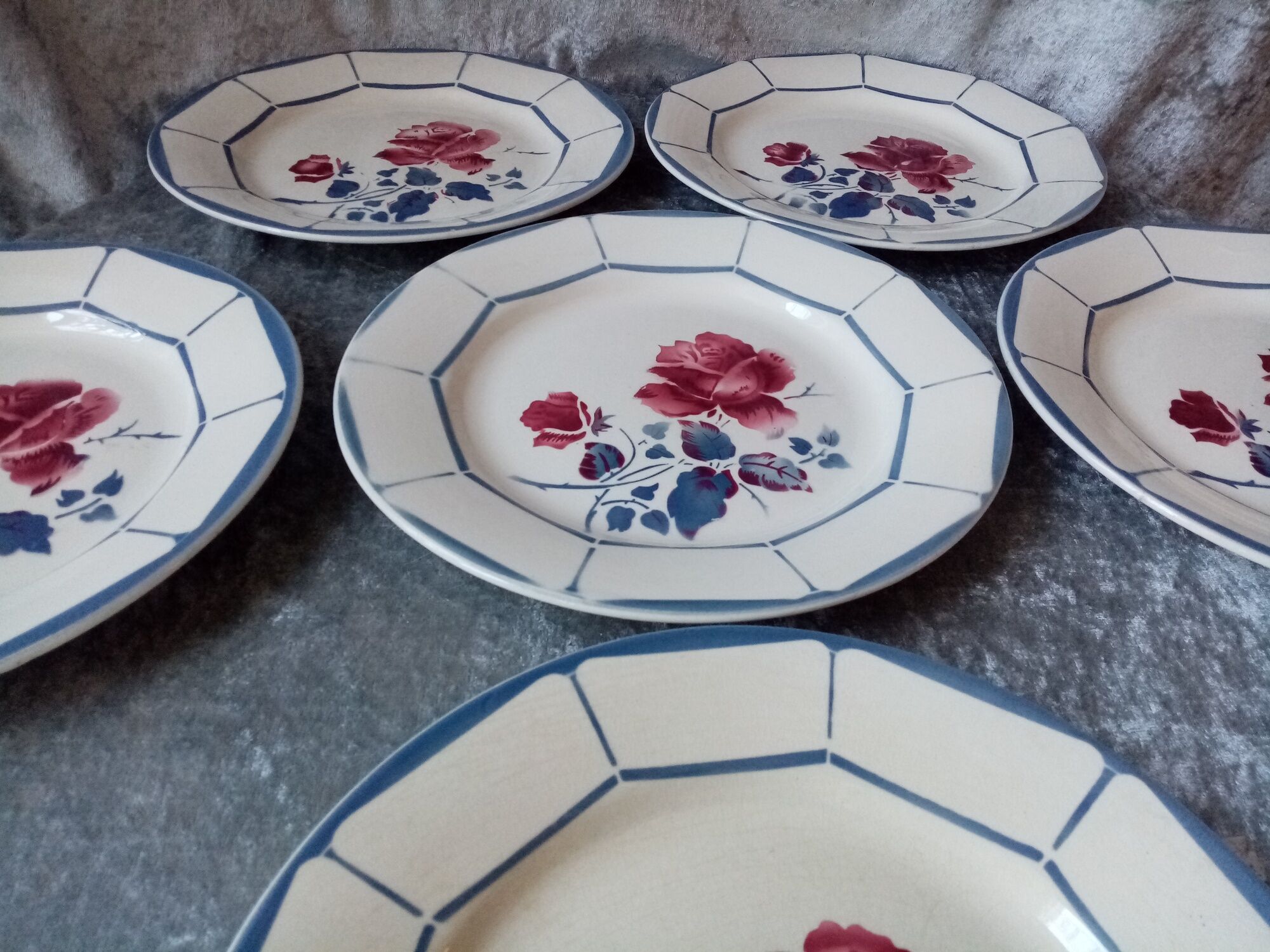 Series of 6 plates flat decor of roses, model malmaison, digoin sarreguemines