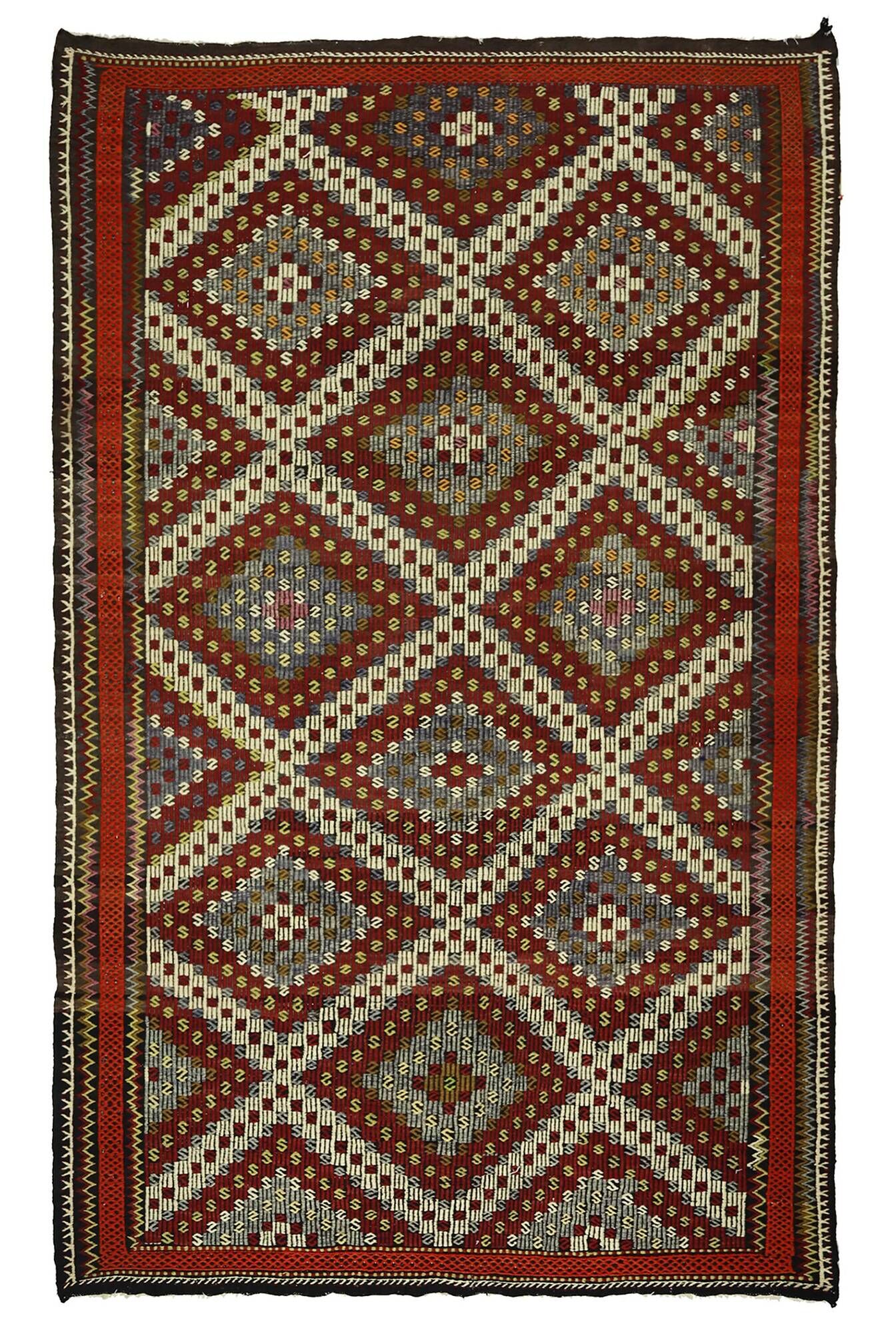 Grand Turkish Kilim Usak Vintage 200x327 cm Geometric Handwoven