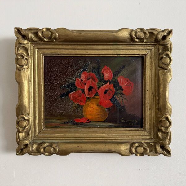 Huile sur panneau par Suefirier 1933 nature morte aux coquelicots