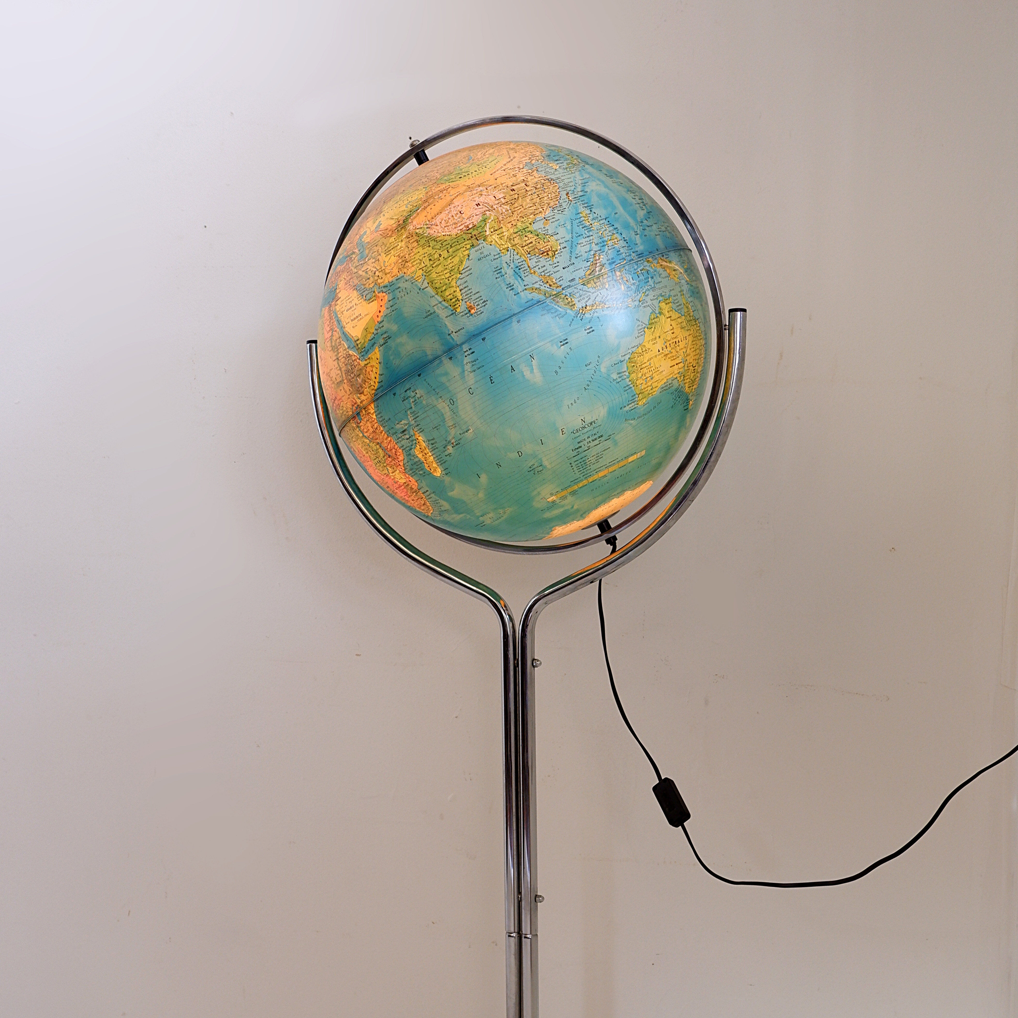 Illuminated geoscope globe on a chrome stand, Italy circa 1980