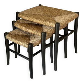 Vintage straw nesting stools, 60s design