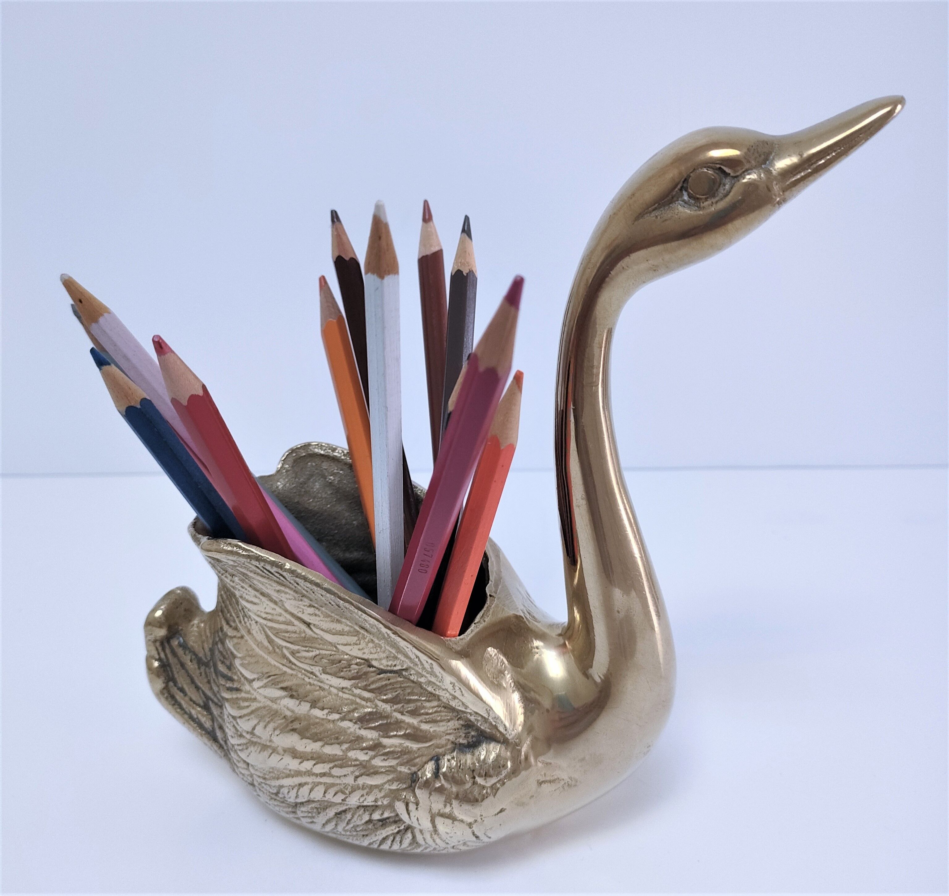 Zoomorphic solid brass swan pen holder