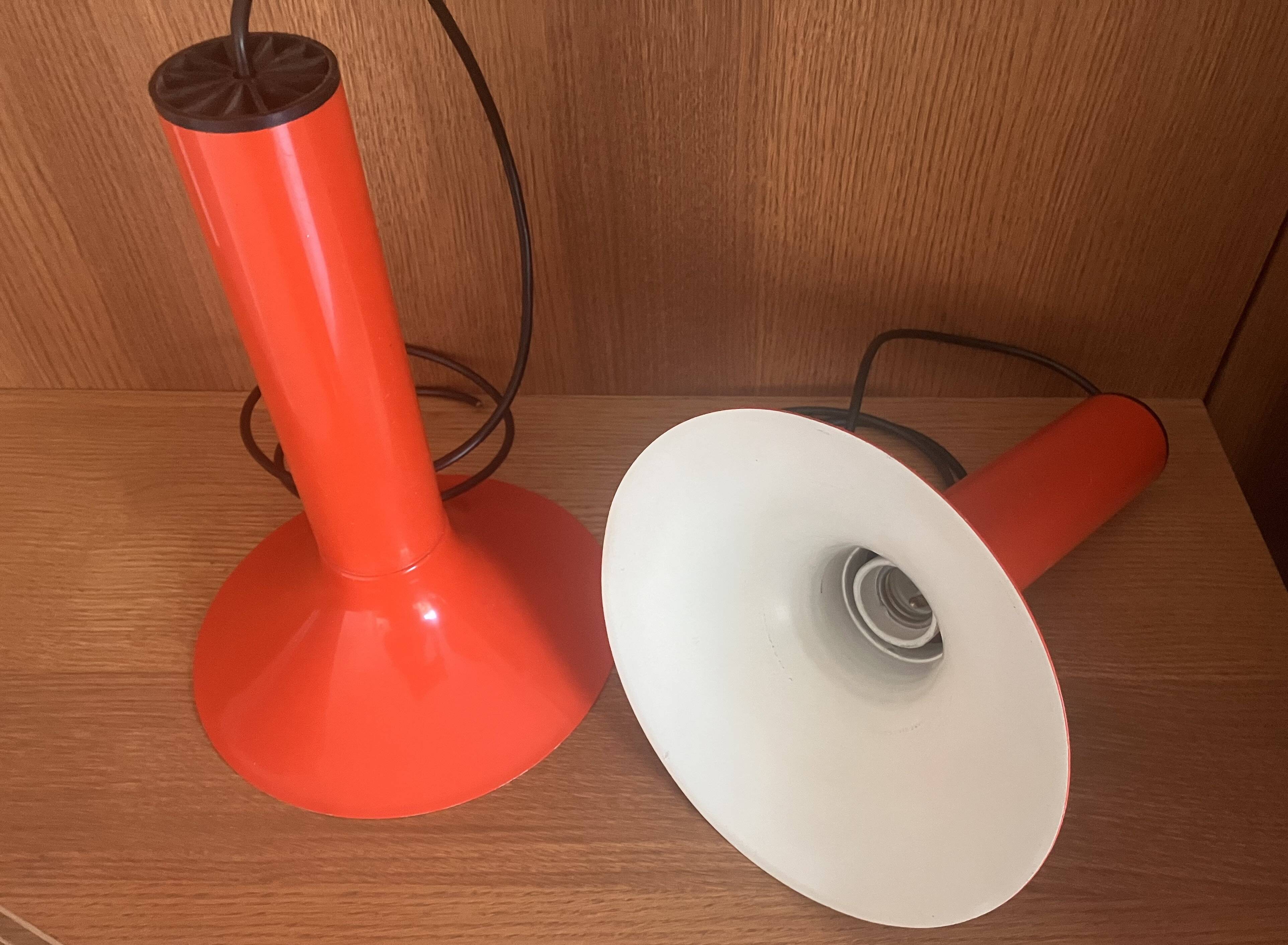 Pair of Lita metal orange pendant lights from the 70s Space Age.