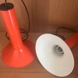 Pair of Lita metal orange pendant lights from the 70s Space Age.