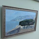 Vintage Mid-Century Modern "The Mediterranean" Swedish Coastal Scape Oil Painting, Framed