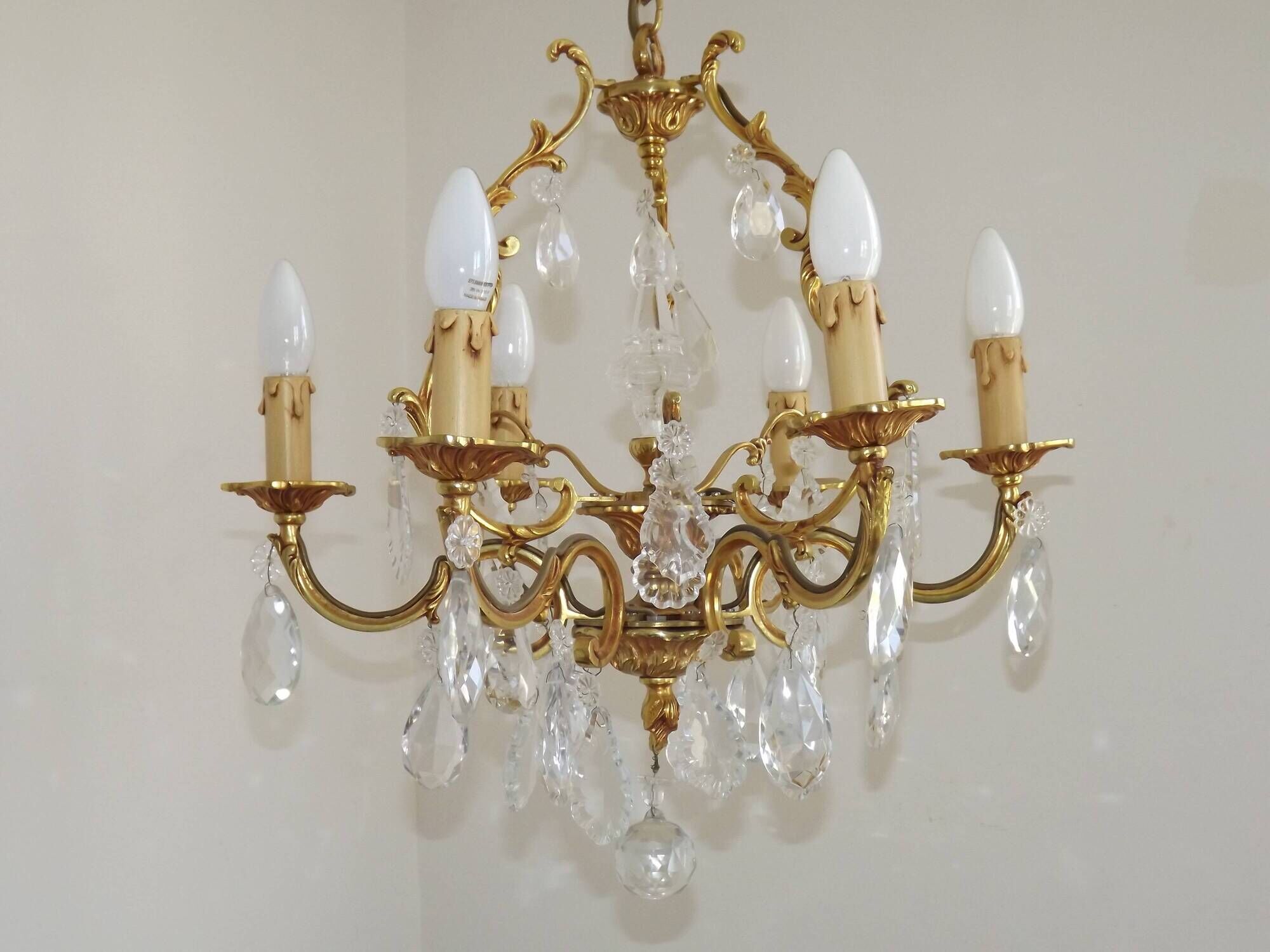 Mid Century Louis XV style cage chandelier - 6 arms - Brass and Crystal