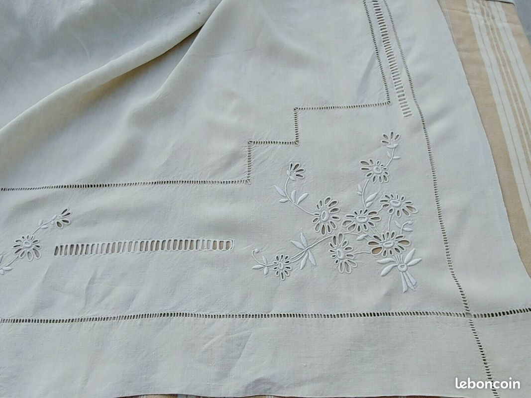 old sheet flowers embroidered hand linen canvas ecru large returns 220 x 285 cm