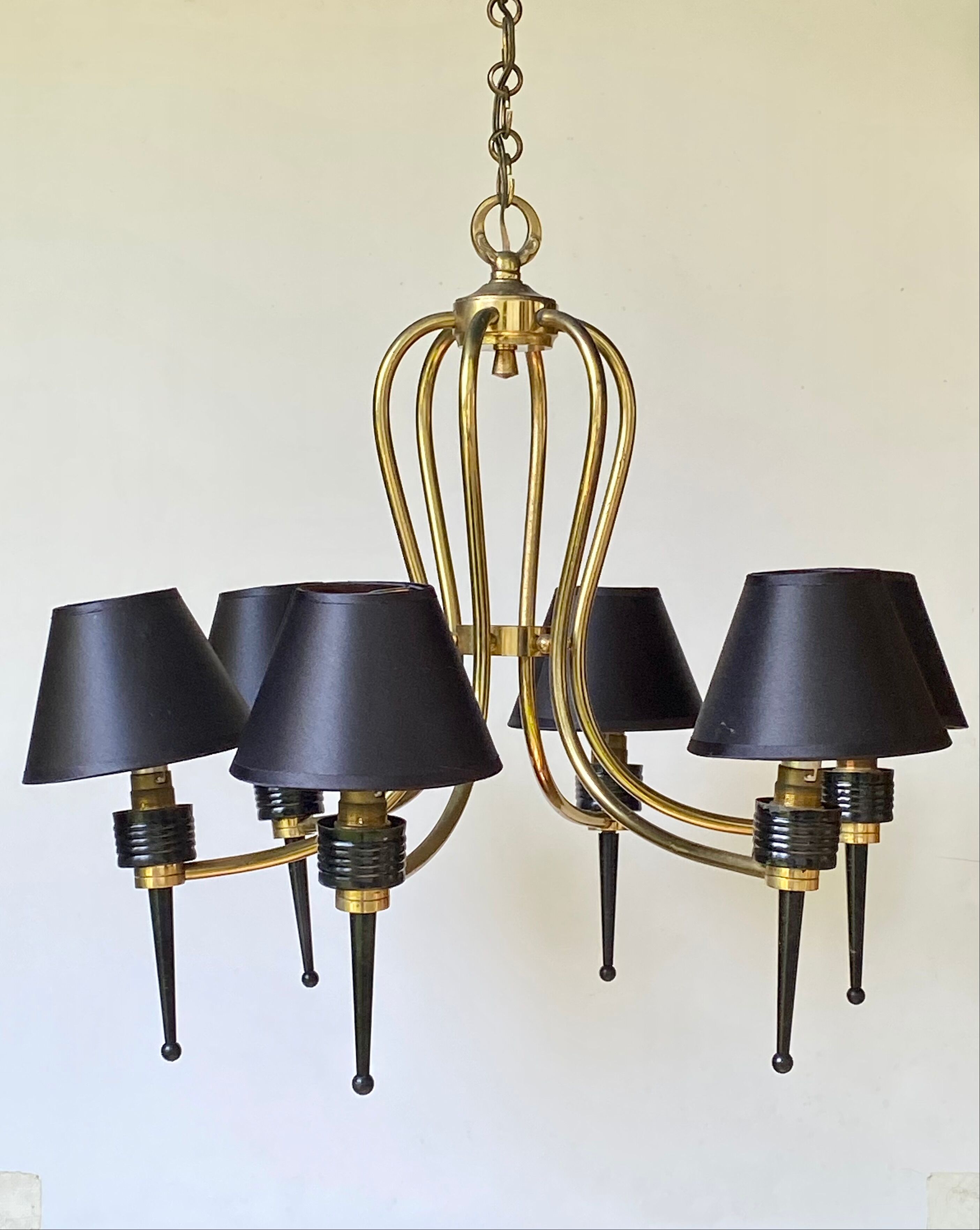 1950 six-armed brass cage chandelier