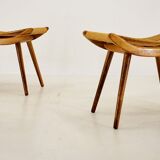Pair of beech straw stools, 1960s, Czechoslovakia