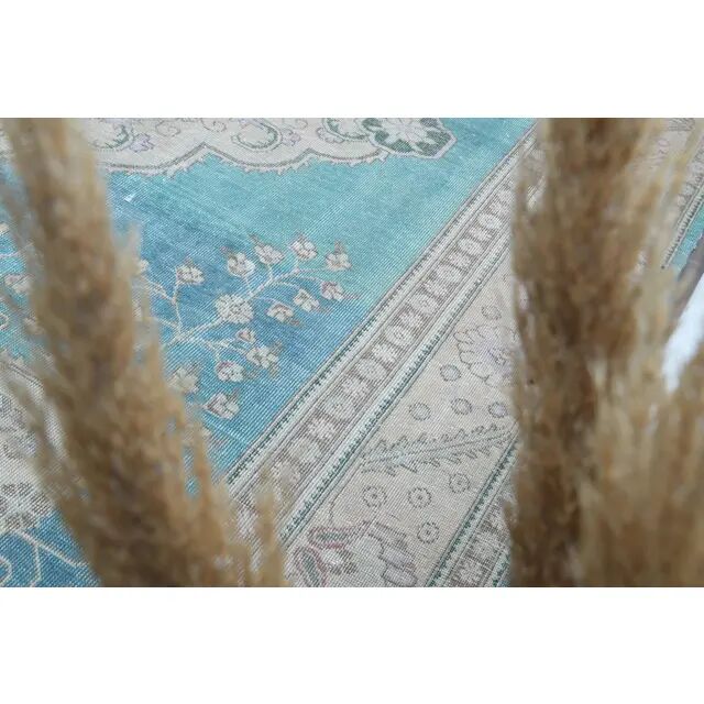 1960s Vintage Persian Handmade Wool Cotton Turquoise Area Rug 293x378