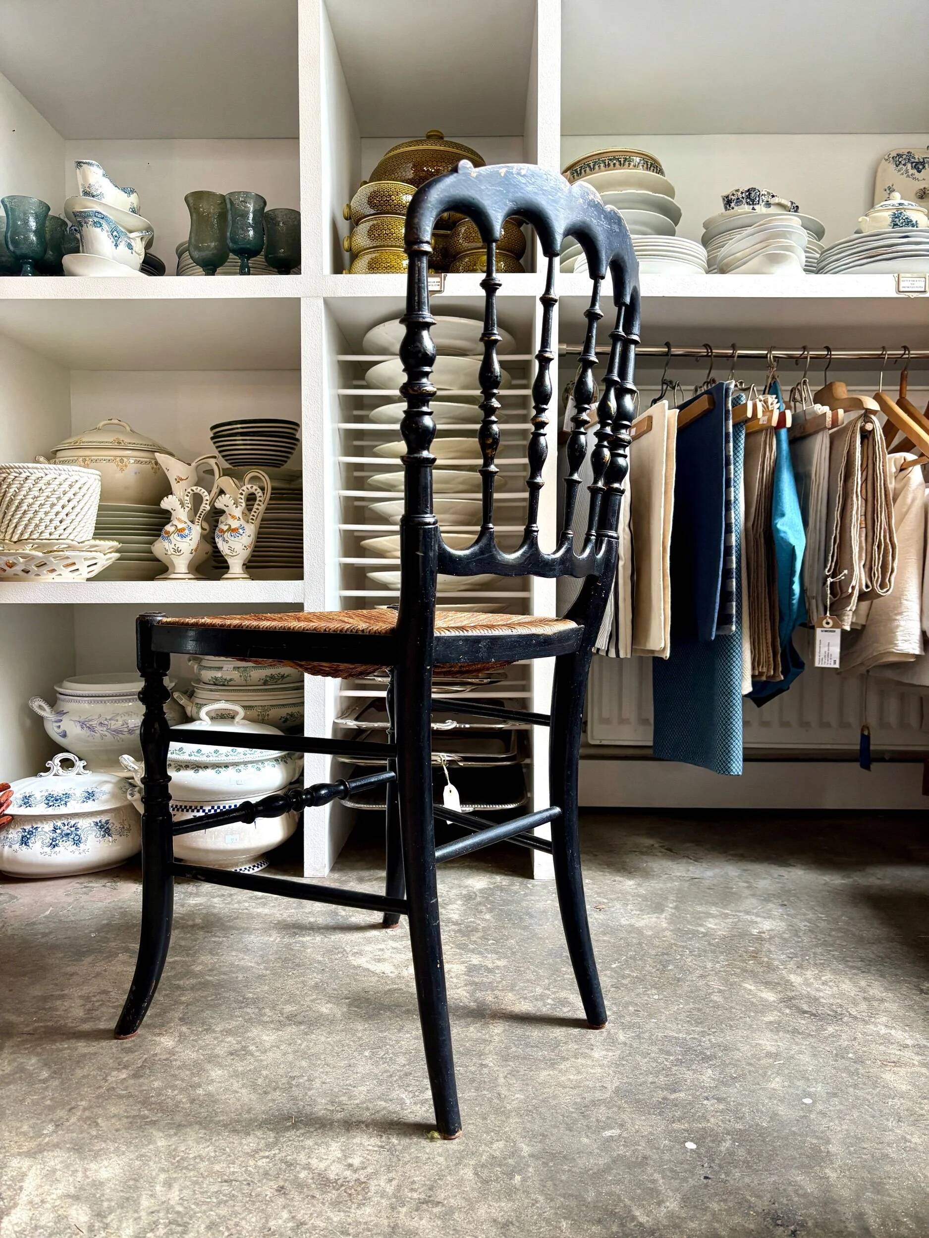 Napoleon III chair in black wood and straw