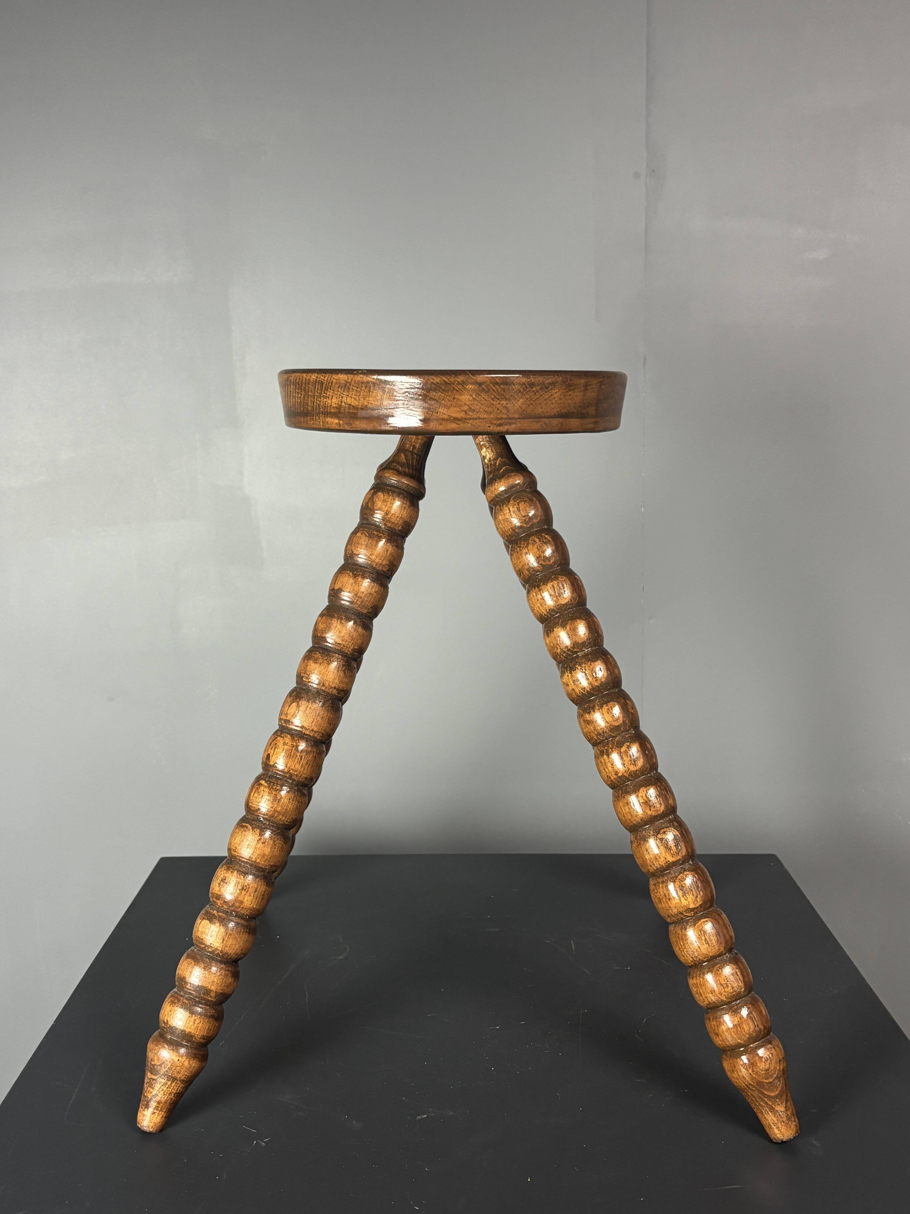 Midcentury bobbin wood turned farm house stool, France ca 1960s