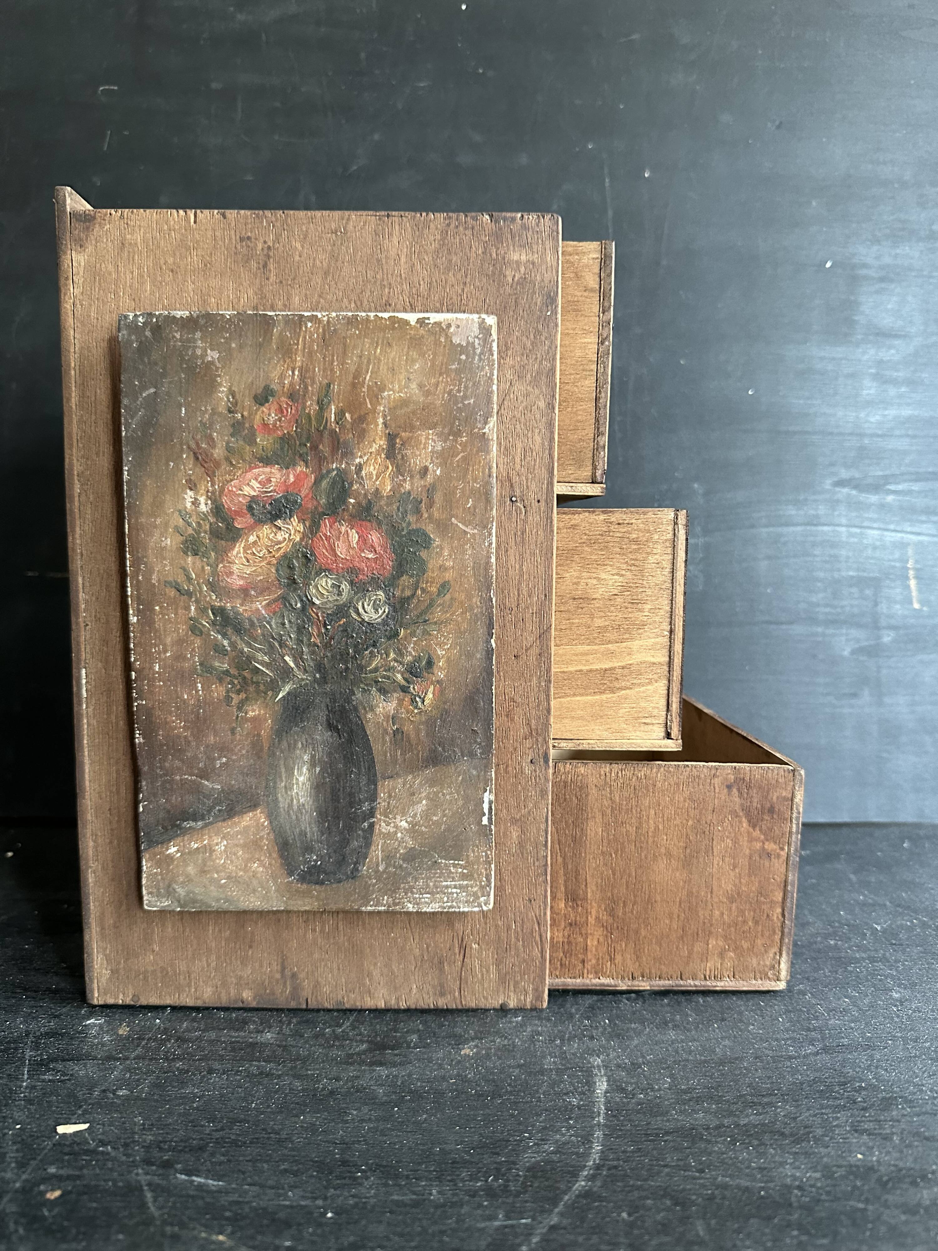 Small antique wooden drawer unit with floral painting, 1900.