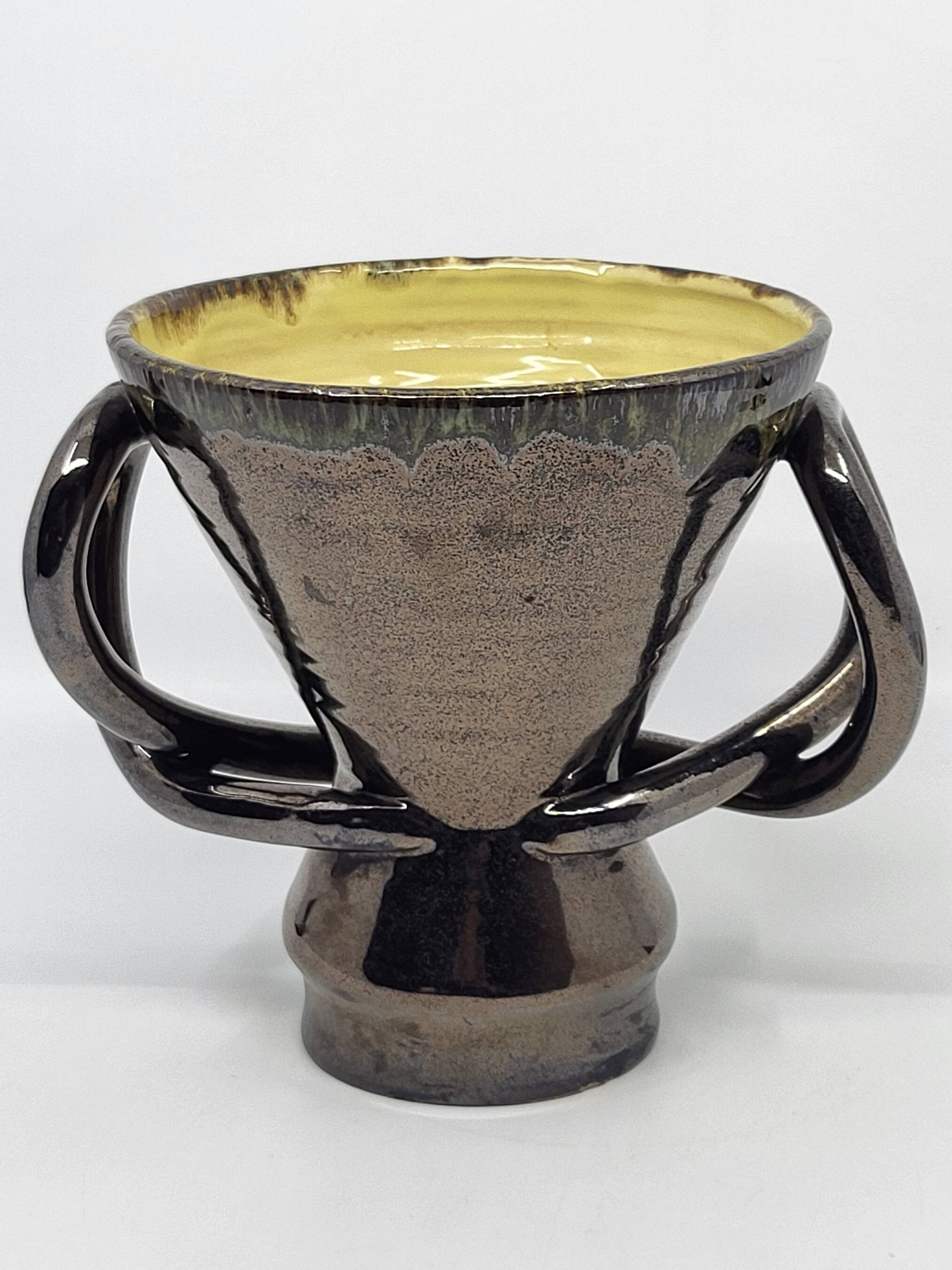 Jean Austruy ear vase in metallic black ceramic, France 1950.