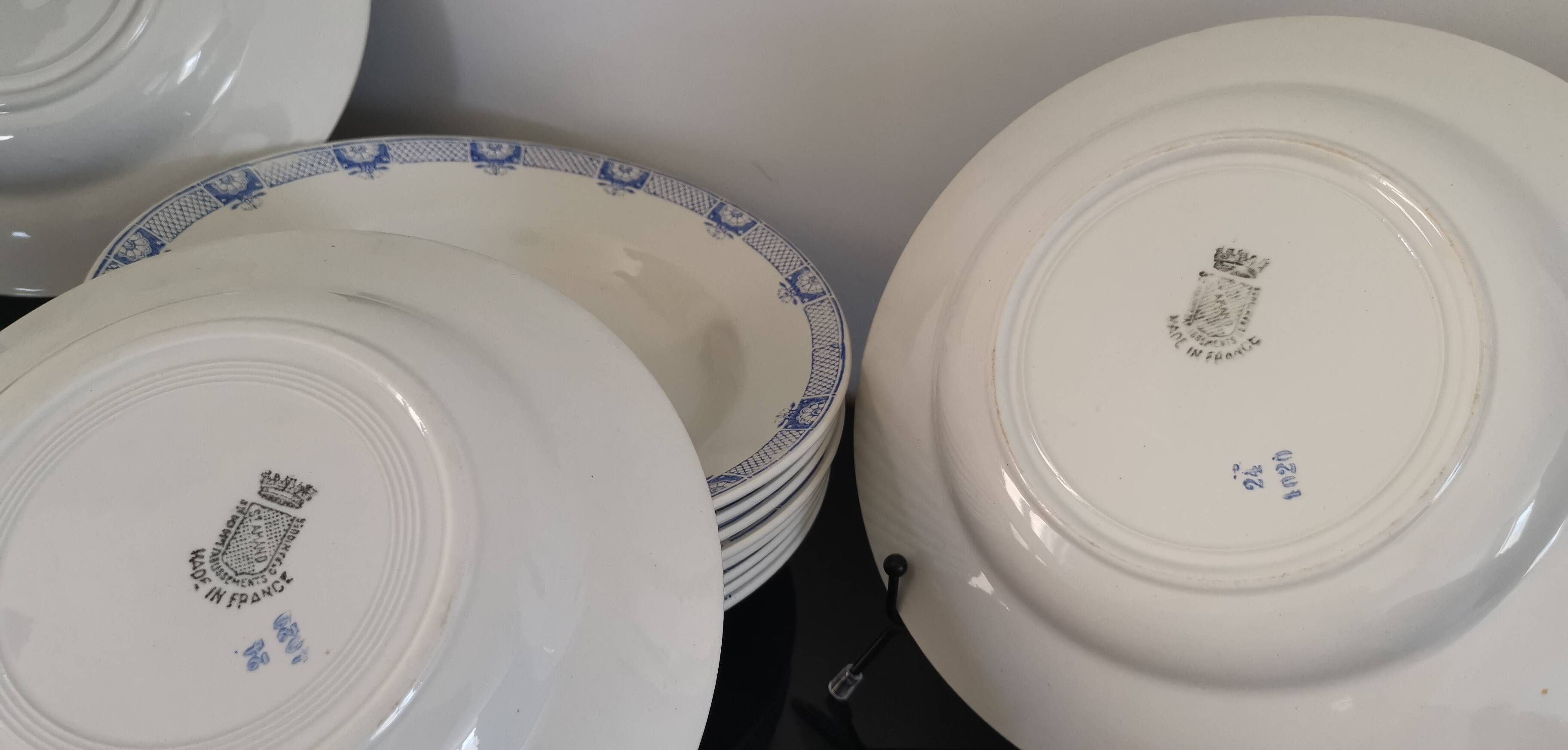 6 Saint Amand and Hamage white/blue earthenware soup plates