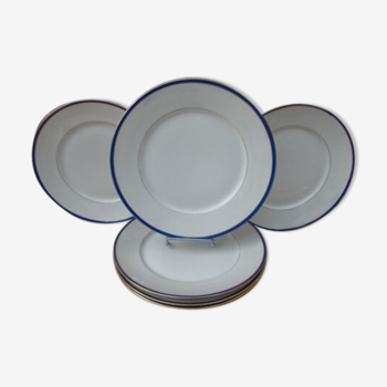 6 flat plates Limoges porcelain blue and gold border
