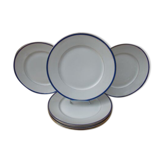 6 flat plates Limoges porcelain blue and gold border