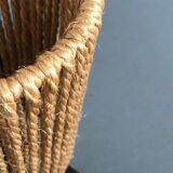 Brutalist style laying lamp with rope lampshade and ceramic foot